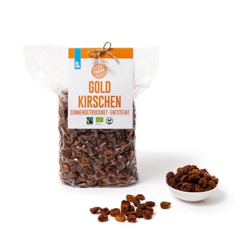 PAKKA - Cerises dorées bio commerce équitable, 500g, séchées au soleil, cerises jaunes sauvages, non huilées, non sucrées, directement des petits producteurs de Samarkand, Ouzbékistan, 500g