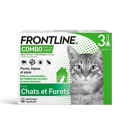 FRONTLINE Combo Chat - Anti Puces, Tiques & Poux - Contre Larves & Oeufs - Elimine & Tue - Protège L'Animal & L'Habitat - Jusqu'à 4 Semaines - Fabriqué En France - 3 Pipettes Application Spot On