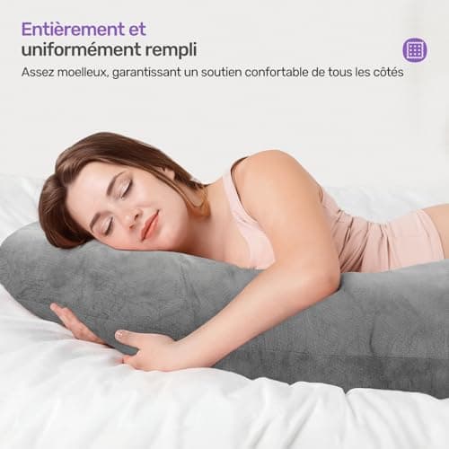 Nuliie Coussin de Grossesse pour Dormir, Oreiller de Corps Complet en Forme de U, Soutien pour Le Dos, Les Hanches et Les Jambes des Femmes Enceintes, avec Une Housse en Velours Lavable (Gris)