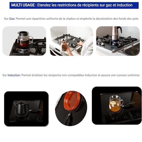 Adaptateur Induction 20 cm avec Poignée Amovible Isolante - Ne CHANGE PAS de Couleur après utilisation -Plaque Diffuseur de Chaleur avec Revêtement Haute Température Noir - Disque Relais Induction/gaz