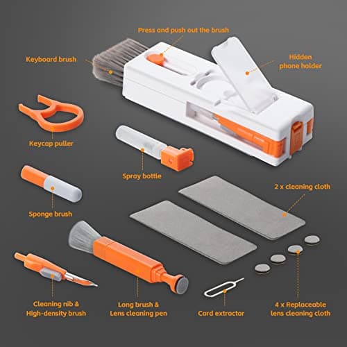 Alyvisun Kit Nettoyage Clavier, 11 en 1 Nettoyeur Claviers PC Multifonctionnel, Keyboard Cleaner Brosse à Outils, pour Tablette, Téléphones, Ordinateur, Écouteurs, Orange