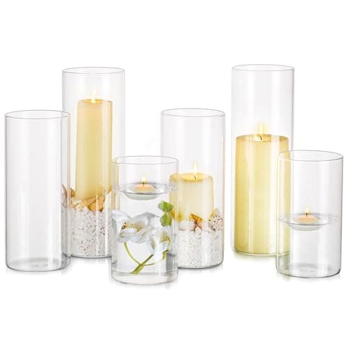 Photophore Bougeoirs Verre Vase Cylindrique: Hewory Set de 6 Porte Bougie pour Centre de Table Noel Mariage, Supports pour Bougies Piliers Transparent Vase en Verre Bougie Flottante