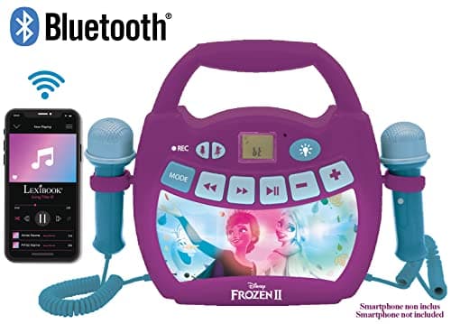 Lexibook - Disney la Reine des Neiges 2 - Lecteur musical karaoké portable pour enfants – Micros, Effets lumineux, Bluetooth, Enregistrement/changement de voix, Batteries rechargeables,Violet,MP320FZZ