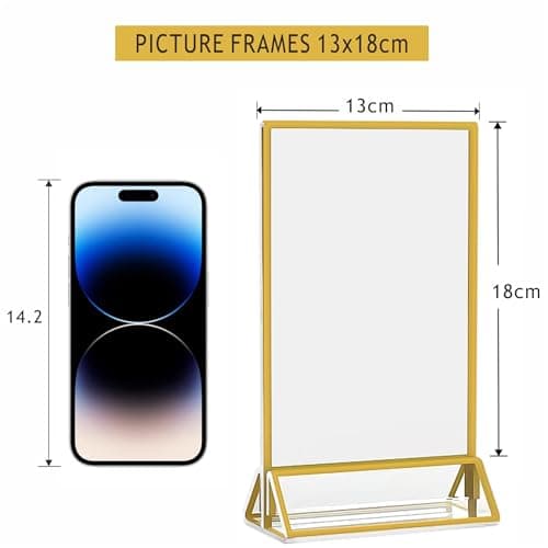 MAJOYLIFE Porte Menu de Table avec Bordures Dorées 6 paquets,Chevalet de Table en Acrylique,Cadre Double Face pour Affiches de Restaurant/Mariage/Eglise/Hôtel(13x18cm)