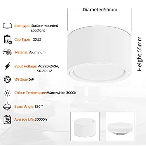 KYOTECH Spot en Saillie led IP44 Ø95x55mm Plafonnier Luminaire Apparent, incluse 6W Remplaçable GX53 Ampoule 3000K Blanc Chaud 550LM Plafonnier Spot LED Downlight pour Salle de Chambre Salon Cuisine