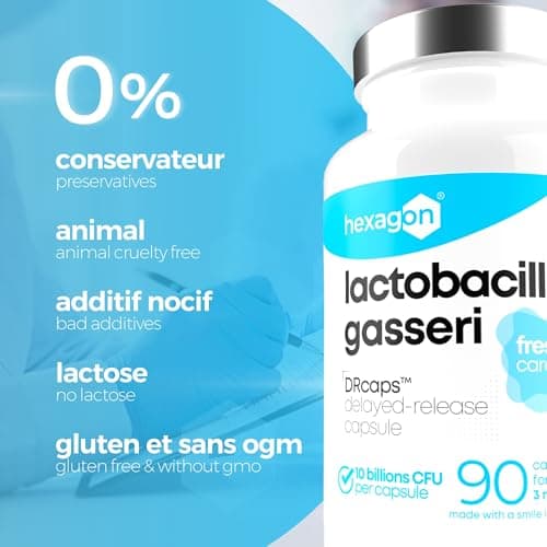 Lactobacillus Gasseri 10 Milliards UFC/Gélule - Cure Complète de +3 Mois - Probiotique Ventre Plat L-Gasseri - Soutien Digestif - FreshcareTM Fraîcheur Optimale - 90 Gélules DRcapsTM - Vegan - Hexagon