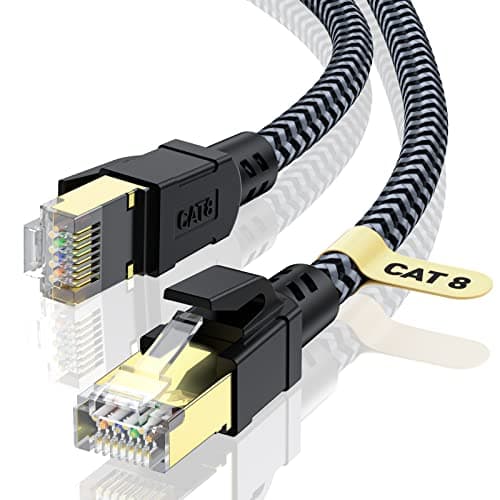 CABNEER Câble Ethernet 15M, RJ45 Cat 8 Câble Réseau 40Gbps 2000MHz Haut Débit S/FTP Câble, Nylon Tressé Double Blindage LAN Câble Internet, Compatible avec Routeur Modem TV
