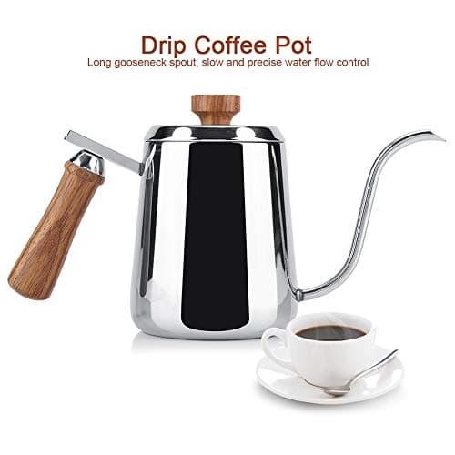 Théière Col de Cygne Bouilloire à Café en Acier Inoxydable Cafetière Goutte à Goutte Tasse de Café D'égouttement de La Bouteille de Poignée en Bois(350ML)