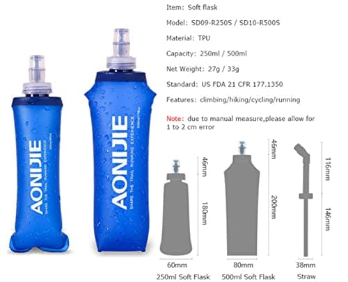 AONIJIE 2 pièces pliable TPU Flacon souple de bouteille d'hydratation d'eau de sport en plein air Pour la course à pied Camping randonnée vélo (500ml-2pcs)