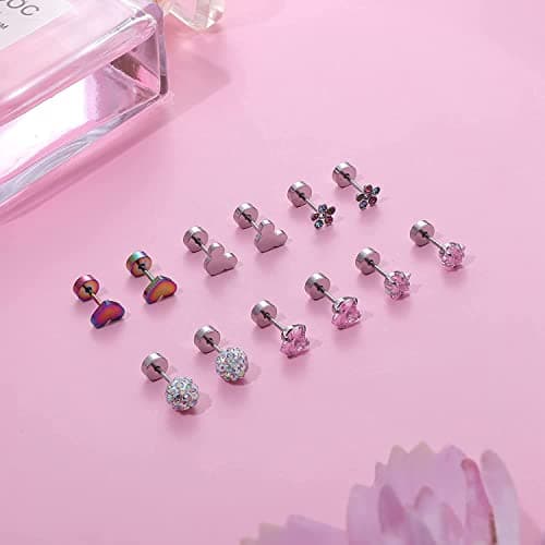 Diamday 16 Paires Boucles d'Oreilles à Vis pour Filles Femmes Acier Inoxydable Petit Cartilage Boucles d'Oreilles CZ Cœur Fleur Étoile Vis Dos Plat Boucles d'Oreilles Tragus Helix Bijoux Multicolore B