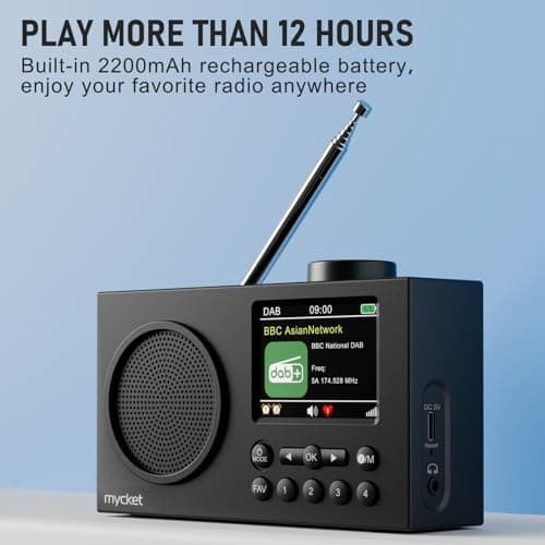 Mycket Radio Dab Portable, Radio Numérique Dab Plus avec Bluetooth, Radio FM Rechargeable, Radio de Cuisine, Double Réveil,Minuterie de Mise en Veille, 40 Stations Préréglées,Grand écran Couleur 2,4"