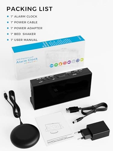 Réveil Extra Fort avec Secoueur de Lit, Réveil Vibrant à LED 7'' pour Sourd et Malentendant, Gros Dormeur, Réveil Double, Lumineux à 5 Niveaux, Snooze, Charger USB, Variateur d'Intensité, 12/24 H
