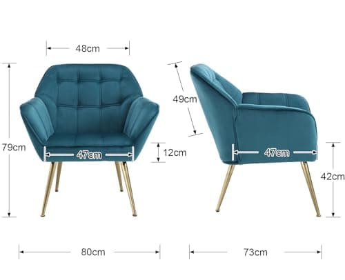 Wahson Fauteuil Salon Moderne Fauteuil Velours avec Pied Doré, Fauteul Design Salon Rembourré Fauteuil Scandinave Fauteuil 1 Place pour Salon/Chambre, Bleu