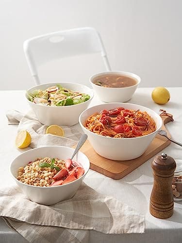 DOWAN Saladiers, 950 ml Grand Bol à Soupe, Bols à Salade, Bols de Service à Céréales en Céramique, Bol à Ramen, Ensemble de bols de Grand Diamètre, Blanc, Lot de 4