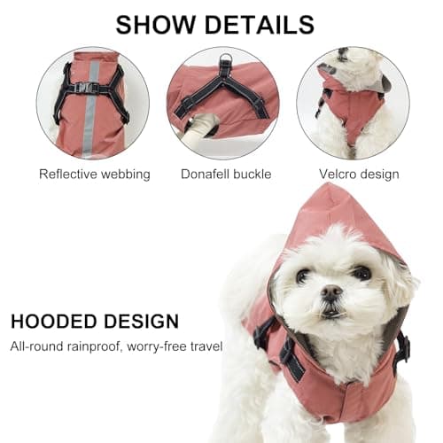 PETCUTE Imperméable pour Chien avec Harnais,Imperméable Chien avec Capuchon,100% étanche et Coupe-Vent Imperméable pour Chien avec des Bandes Réfléchissantes,Respirant Manteau pour Chiens Rose Rouge