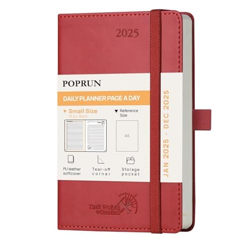 POPRUN Agenda de poche 2025 Journalier 16 x 10,5 cm - Couverture Souple en PU Cuir, 1 Page par Jour A6 petite Agenda, D'Jan 2025 à Déc 2025, Signet à 2 rubans, Papier 70 g/m2, Bourgogne-BY