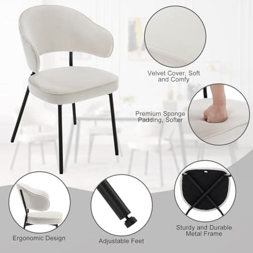WOLTU Lot de 4 Chaises Salle à Manger, Chaise de Cuisine, Chaise Velours, Siège Rembourré, Chaise Scandinave, avec Dossier et Accoudoirs, Pieds en Métal, Crème, BH389cm-4