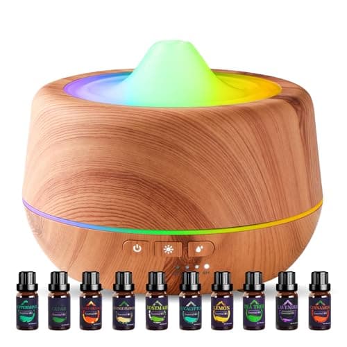 Ensemble d'huiles essentielles 10 x 10 ML, 500 ML, diffuseur d'aromathérapie ultrasonique, humidificateur à Brume fraîche avec lumières LED 7 Couleurs, 4 minuteries, Fonction d'arrêt