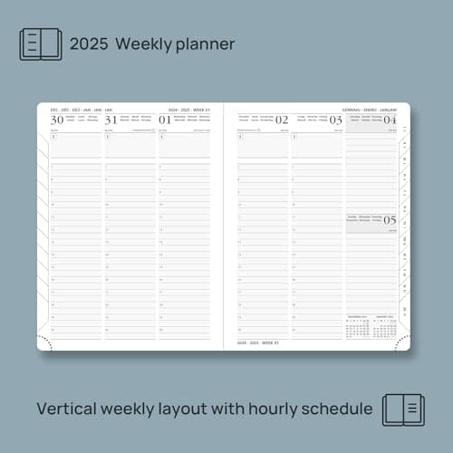 POPRUN Agenda 2025 Semainier 22 x 16,5 cm - Couverture Rigide, Vertical Weekly Planner, D'Jan 2025 à Déc 2025-12 Mois, Avec signet à 2 rubans, Papier Certifié FSC® 100 g/m2, Noir