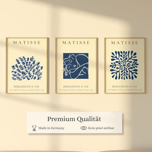 ZoeyAustin® Lot de 3 posters d'art double face - Format A3 (30 cm x 42 cm) - Poster mural élégant - 3 tableaux muraux - Images recto-verso (Matisse Blue, sans cadre - DIN A3)