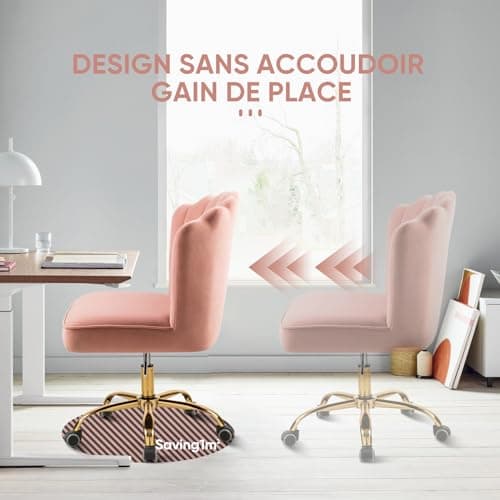 WOEOA Chaise de Bureau en Velours, Chaise Coiffeuse Coquillage, Pivotante à 360°, Hauteur Réglable, Pour Salon, Chambre à Coucher, Étude de Vanité, Charge Maximale 135 kg, Pour Filles et Femmes - Rose
