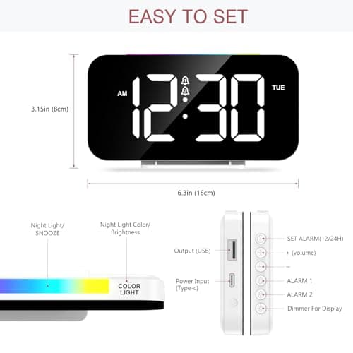 LOFICOPER Réveil Numérique, Horloge de Chevet Numérique avec 10 Modes de Lumière de Nuit RVB, Grand Écran de 16,8cm, 5 Luminosités Réglables, Double Alarme, Répétition, Port de Charge USB