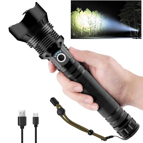 Lampe Torche LED Ultra Puissante,90000 Lumens Lampe de Poche Rechargeable USB Type-C, XHP70 Ajustable Zoomable Étanche Torche D'éclairage pour Camping Randonnée,et Urgences(avec batterie de 10000 mAh)