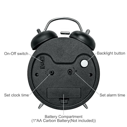 ALEENFOON Réveil Double Cloche avec Veilleuse, Réveil à Aiguilles Vintage Retro Silencieuse sans Tic-Tac, Réveil Lumineux Quartz pour Les Gros Dormeurs, Fonctionne à Piles (Noir)