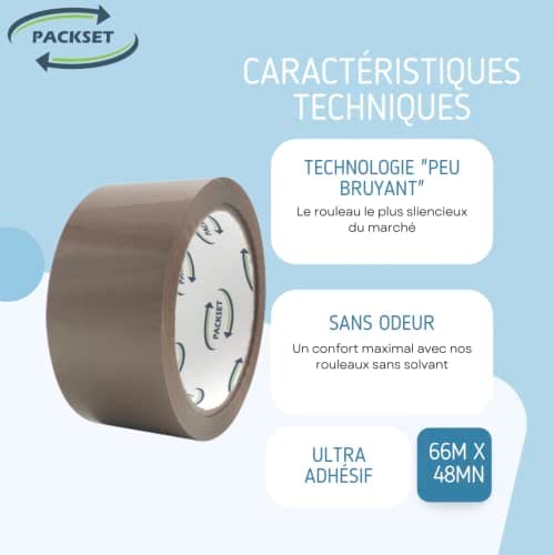 PACKSET Lot De 12 ou 24 Rouleaux Marron De Ruban Adhésif D'Emballage Silencieux, Solide Et Sécurisé 66m x 48mm Pour Boite D'Emballage Et Cartons. Idéal Pour Colis Et Cartons ... (12)