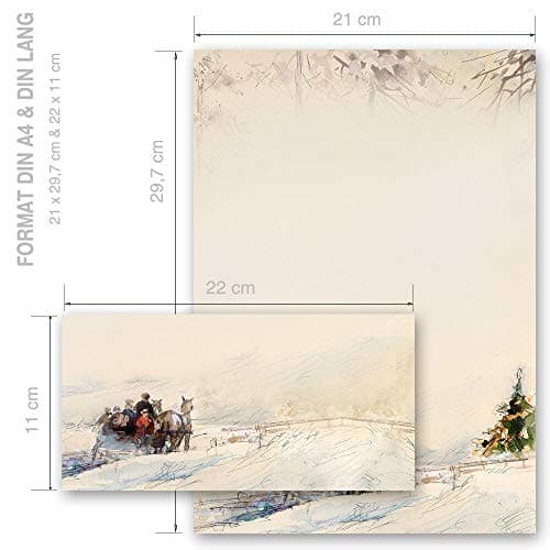 Set complet de 40 pièces Motif d'hiver, CALÈCHE DANS LES BOIS Variante A Saisons - Hiver 20 feuilles de papier à lettres et 20 enveloppes DIN LONG sans fenêtre | Paper-Media