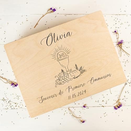 Creative Deco Personnalisé Première Communion Confirmation Cadeau Boite | Boîte à Souvenirs en Bois Garçon et Fille | Personnalisés - Calice et Prière du Chapelet | Personnalisable Idée Coffret