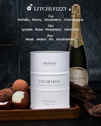 M&SENSE Bougies parfumées Litchi Fizzy, 320g 70 heures de durée de vie Bougie de soja naturelle non toxique, bougie d'été Déco maison, bougie d'aromathérapie relaxante Cadeaux pour femmes Maman amie