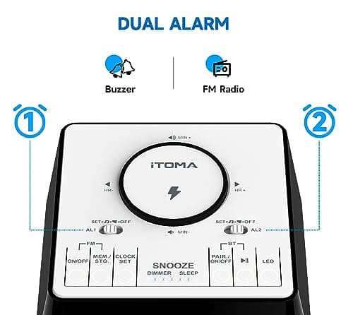 iTOMA Radio réveil Rechargeable sans Fil avec Haut - Parleur Bluetooth, Radio FM de Chevet, Double Alarme avec Snooze, Recharge USB, veilleuse et écran dimmable 205