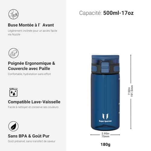 Super Sparrow Gourde Enfant - 500ml - TouchSip Bouteille d'eau avec Paille - Tritan Sans BPA - Idéale pour le Sport, l’École et les Activités en Plein Air