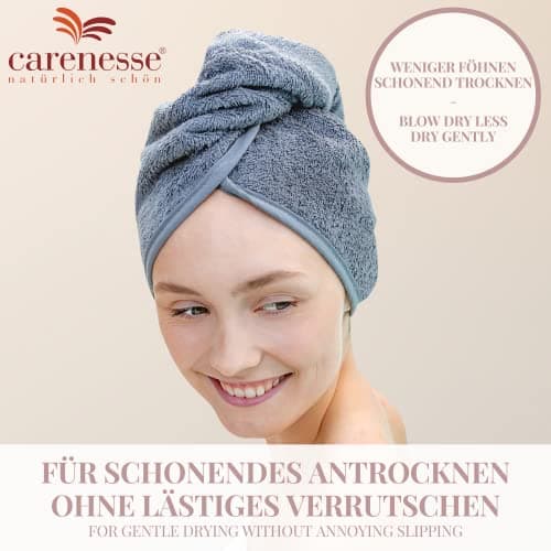 Carenesse Cheveux Turban tête Gris Anthracite avec Bouton 100% Coton, 24 x 70 cm, Serviette pour Cheveux, Chiffon Sec, Serviette de tête, Serviette pour Les Cheveux, Serviette à Cheveux