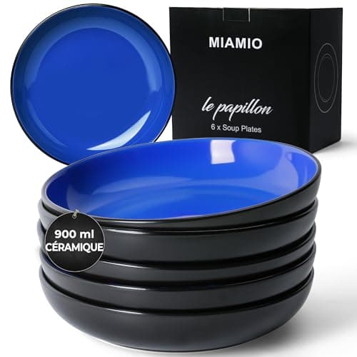 MIAMIO – 890 ml Kit de 6 bols à pâtes/bols à salade, assiettes à pâtes bols larges et peu profonds, grande assiette creuse en grès céramique pour servir la soupe, va au (Bleu)