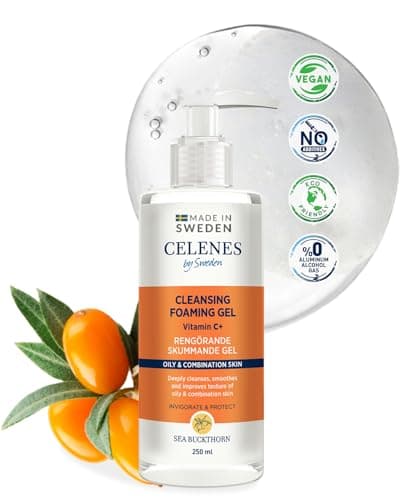 Celenes by Sweden Gel Nettoyant Visage à l'Argousier, Mousse Nettoyante Visage 250ml - Nettoyant Visage avec Vitamine C - Demaquillage Visage Sans Parabèn-Alcool, Nettoyant Visage Peau Grasse & Mixte