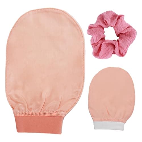 Lot de 2 gants exfoliants 3 en 1 en soie et 1 élastique pour cheveux en satin, gants exfoliants et gants 100 % soie pour enlever les peaux mortes
