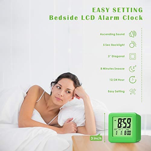 Plumeet Facile à régler Réveil de Voyage Numérique Fonction Snooze, Veilleuse Doux, Large écran Afficheur Temps et Mois et Date et Alarme, Alarme Sonore Progressive et Taille Maniable (Vert)