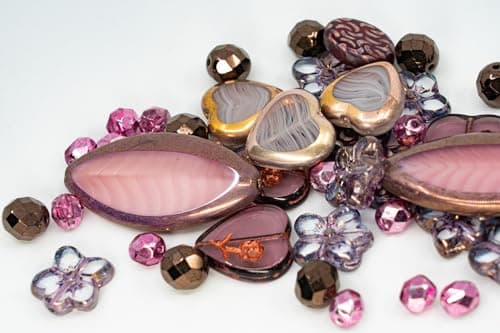 45+ pcs (60g) of Focal Glass Bead Mix with Table-Cut Flower and Butterfly Beads, PG Pink Purple