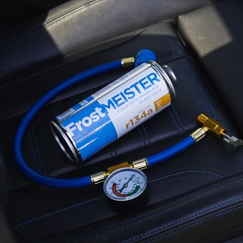 FrostMEISTER Kit de recharge 3 en 1 pour climatiseur de voiture R134a (1995-2016) - 2 canettes de 400 ml et tuyau avec manomètre - Remplacement du réfrigérant, de l'huile et du mastic - Utilisation