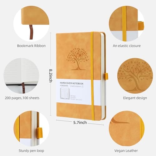HOMEMARS Carnets et Journaux, Journal intime Adulte, Cahier, Carnet de Notes, Journal, Cahier de Note, Cahier A5, Notebook, Jaune Bleu, 100 Feuilles, 100 GSM, Motif Arbre en Gaufrage, Cuir Végétalien