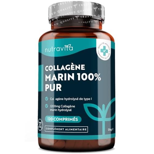 Collagene Marin Hydrolysé Type 1-1200mg - 120 Collagène Marine Comprimés - Peptides de Collagène Hydrolysé - Protéines de Collagen pour Articulations et Hydratation de la Peau - Nutravita