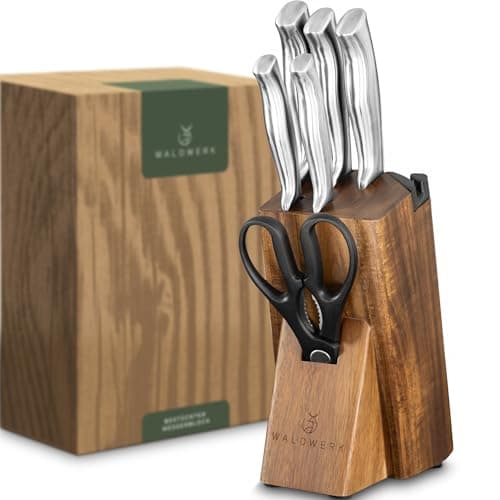 WALDWERK Couteau Cuisine - 7 Couteaux de Cuisine avec Bloc de Rangement et Aiguiseur Intégré - Bloc Couteaux Cuisine - Set Couteaux de Cuisine avec Support - Couteaux et Ustensiles de Cuisine