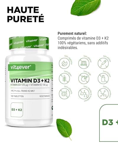 Vitamine D3 + K2 Depot - 180 comprimés - Matière première de première qualité : 99,7+% All-Trans (K2VITAL® de Kappa) - Avec 5000 U.I. de vitamine D3 par comprimé - Hautement dosé