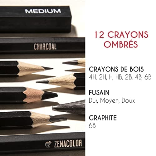 Kit de Dessin Complet - Debutant ou Professionnel - 19 accessoires : 8 Crayon Papier, 3 Crayons Charbon, 1 Graphite, 3 Bâtons Charbon, Carnet de Dessin 100 Pages - Cadeau Artistes Tous Niveaux