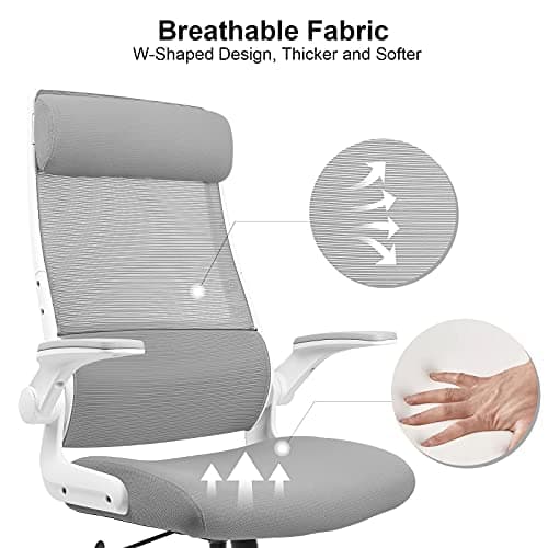MELOKEA Chaise de Bureau Ergonomique avec Accoudoirs Rabattables,Fauteuil de Bureau Confortable avec appuie-tête réglable et Support Lombaire, Hauteur Réglable, Gris