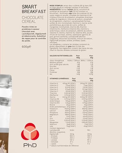 PhD Smart Breakfast| Shake proteiné substitut de repas| Faible en sucre avec extra Vitamines et Mineraux - Céréales - 600 g