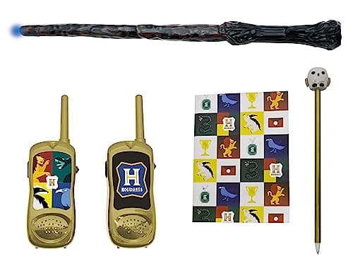 Lexibook, Harry Potter, Kit d’aventurier Sorcier pour Enfant avec Talkie-Walkies 120m, Baguette Magique avec Effets sonores et Lumineux, carnet, Stylo, Gomme Hedwige, Blanc/Or, RPTW11HP