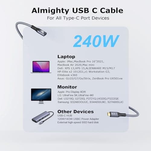 USB C 3.2 d'extension Câble,2PCS 20Gbps USBC 3.2 Gen2 Type-c Male to Female Extender Cable Ultra HD 4K@60Hz 240W Charging Data Transfer Compatible with External SSD (2, 2PCS Extension 20G 240W 0.25M)